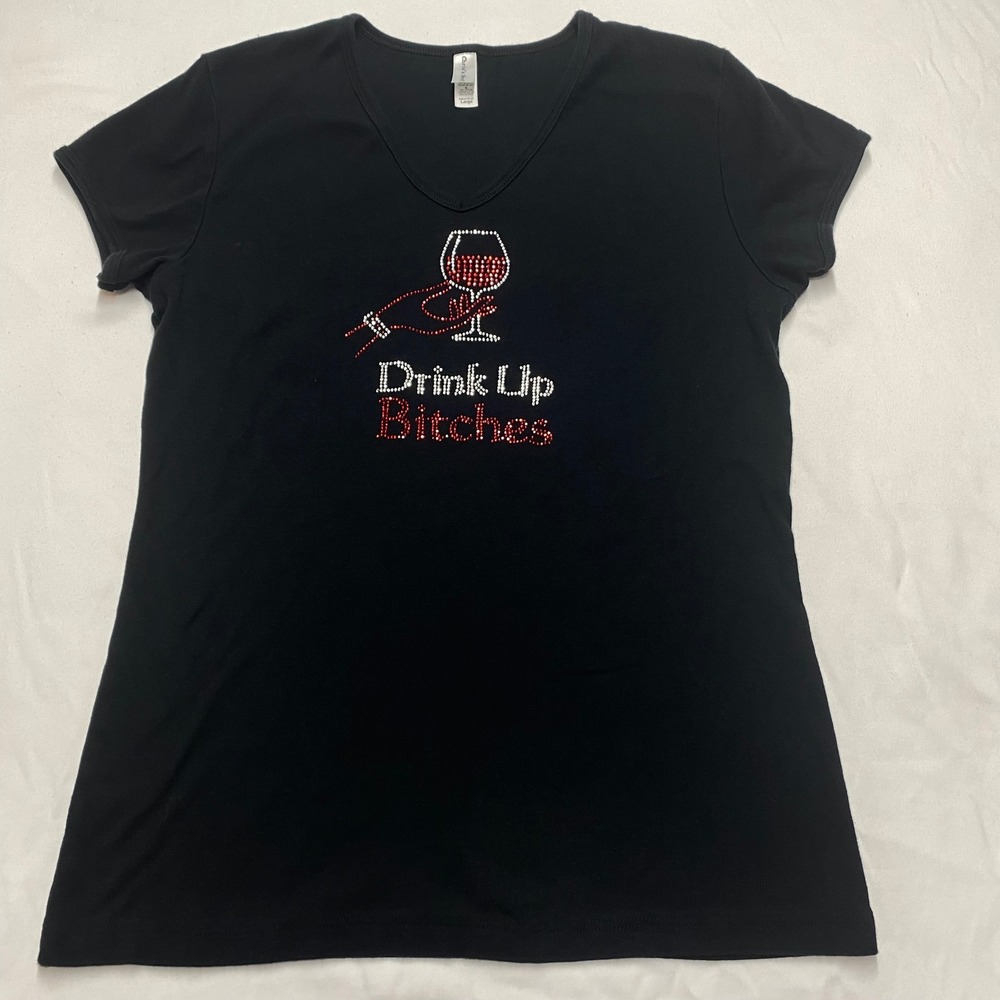 Chris's Stuff Womens Drink Up Bitches Wine Rhinestone V-Neck T-Shirt Black Large